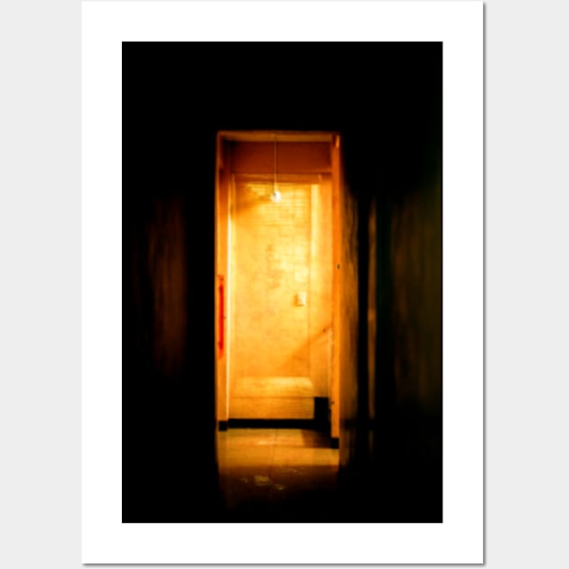 Digital collage, special processing. Room, corridor. Look from darkness to light. Yellow. Sun light. Wall Art by 234TeeUser234